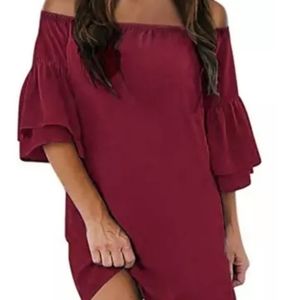 Red Off Shoulder Ruffled Sleeve Dress